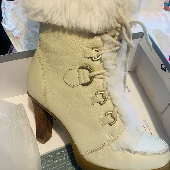 Report Vanilla Leather Faux Fur Cuff, Heeled Boots Sz. 8.5 - Picture 3 of 16